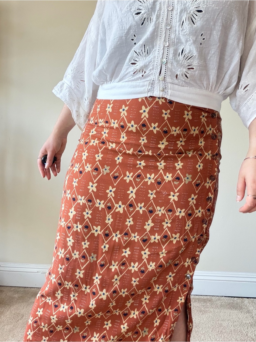Vintage Sigrid Olsen Embroidered Rust Floral Midi Skirt - Picture 2 of 8